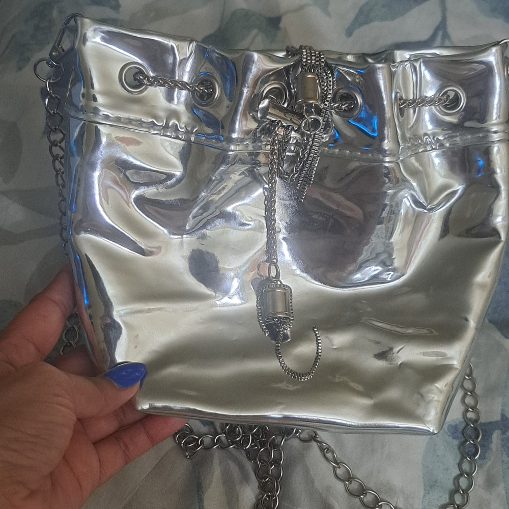 Metallic Silver Leather Drawstring Crossbody Bag
